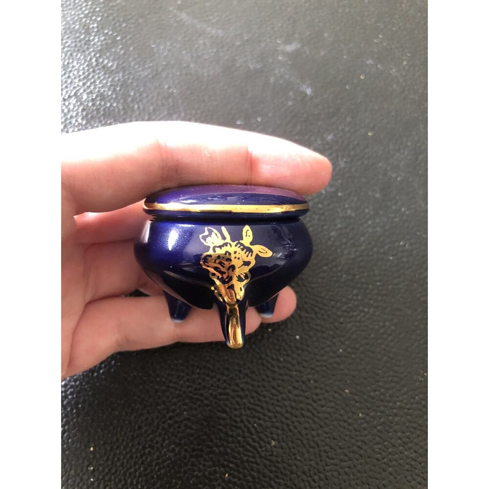 Vintage Three Footed Porcelain Trinket Box Crown West Navy Blue Metallic Gold